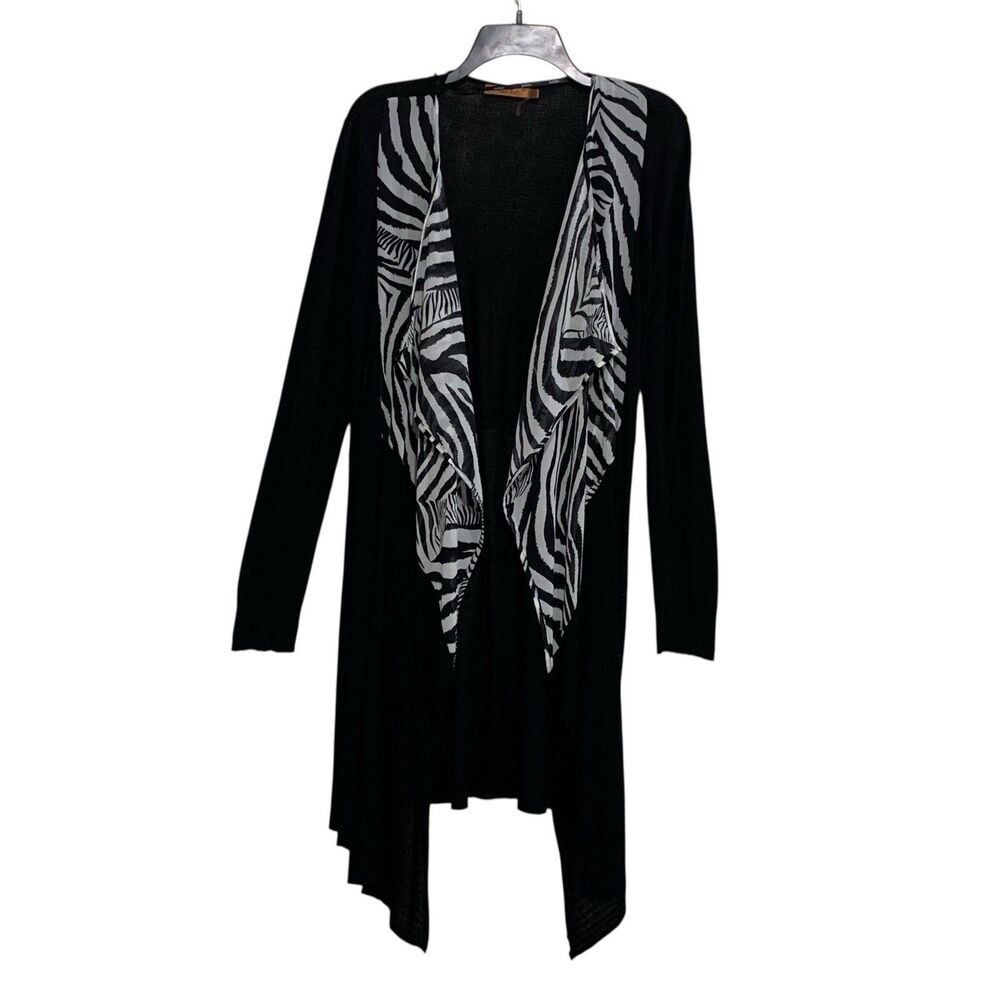 Belldini Open Front Cardigan Long Womens Size Large Black with Zebra Print
